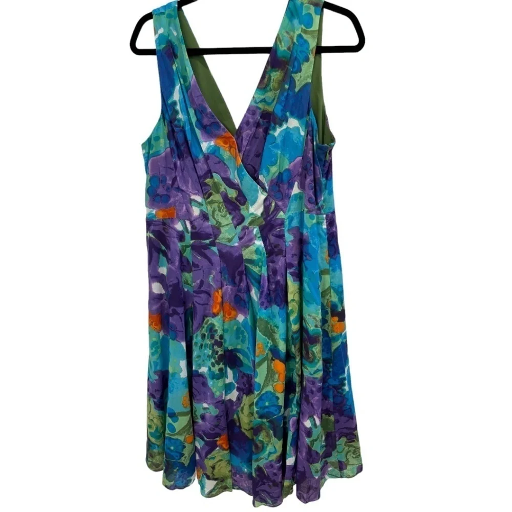 Jones New York Plus Size Colorful Faux Wrap Sleeveless Cotton Lined Dress 16 - Picture 1 of 3